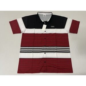 NWT AUDI Logo Button Up Short Sleeve Shirt Men's XL RED‎ BLACK WHITE Striped